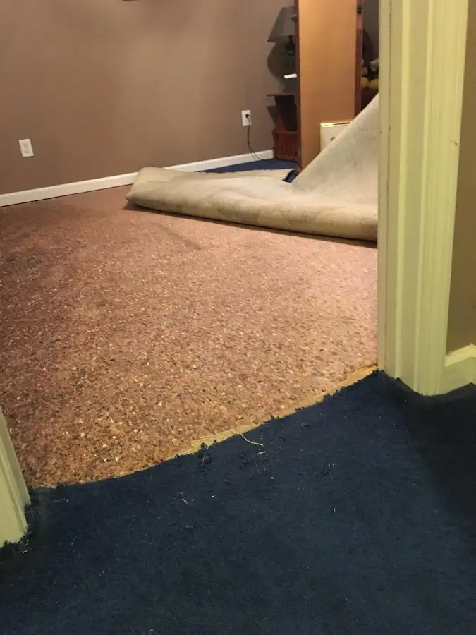 Carpet pad removal revealing water damage during Water Mitigation Services in Coeymans